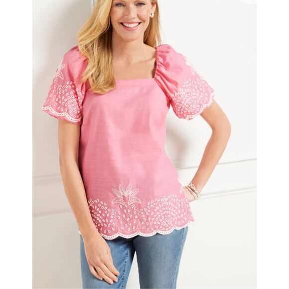 NWT Talbots LINEN BLEND SQUARE NECK TOP - EMBROIDERED PINEAPPLE - Picture 1 of 9
